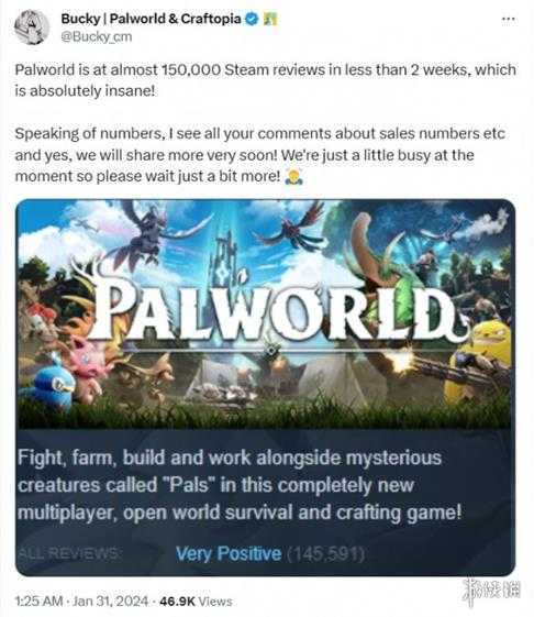 《幻兽帕鲁》Steam评价数量超15万！社区经理被震惊