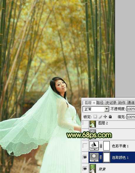 Photoshop将竹林婚片调制出漂亮的古典黄绿色效果