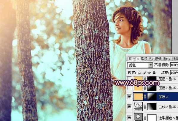 Photoshop为树林人物图片调制出灿烂的青黄阳光色效果