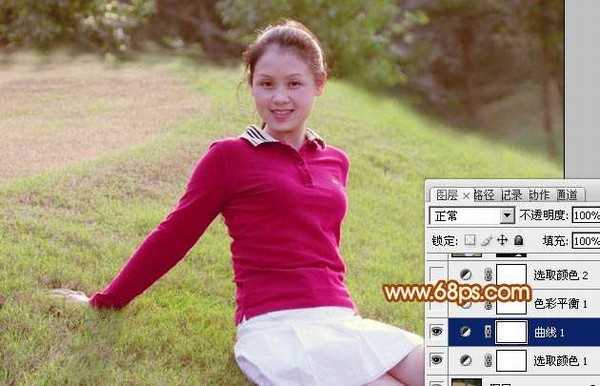 Photoshop为偏暗的草地美女图片调制出甜美的粉红色