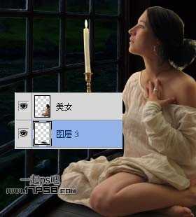 Photoshop合成蹲在窗户边上拿着蜡烛美女夜景