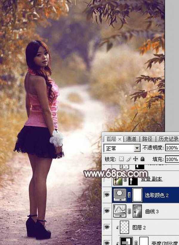 Photoshop将树林人物图片打造出唯美的秋季红褐色